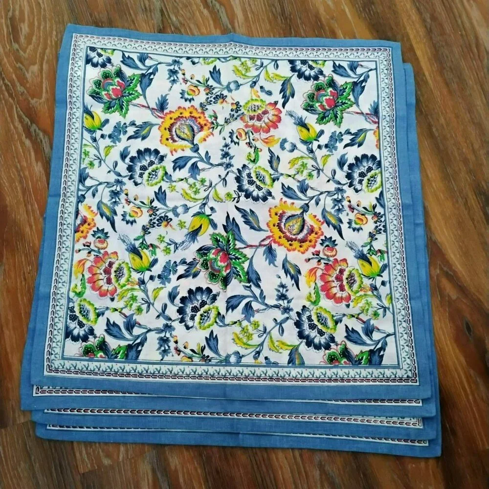 Linen Blend Floral Napkins, Set Of 4, Blue Border, Cotton Colorful Flowers 20x20